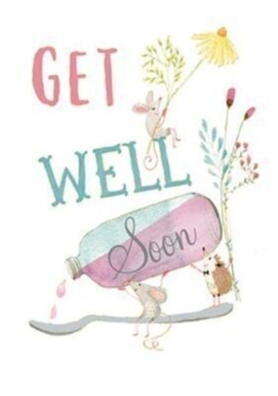 Get Well Soon Card With Mice and Medicine Bottle by Periwinkle. 'Get well soon' on front. 'Hope you’re feeling a wee bit brighter' on the inside. Lavender envelope included. Size 17x12cm.